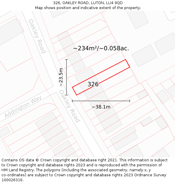 326, OAKLEY ROAD, LUTON, LU4 9QD: Plot and title map