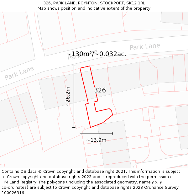 326, PARK LANE, POYNTON, STOCKPORT, SK12 1RL: Plot and title map