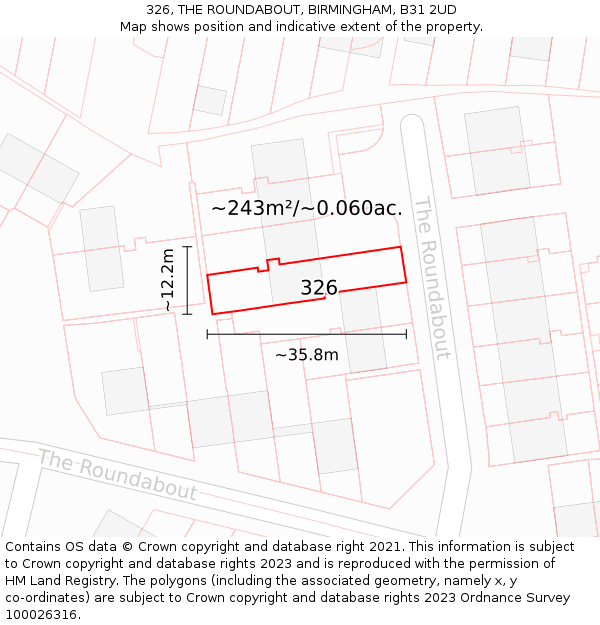 326, THE ROUNDABOUT, BIRMINGHAM, B31 2UD: Plot and title map