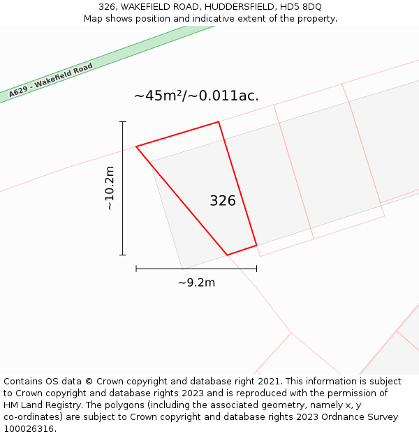 326, WAKEFIELD ROAD, HUDDERSFIELD, HD5 8DQ: Plot and title map