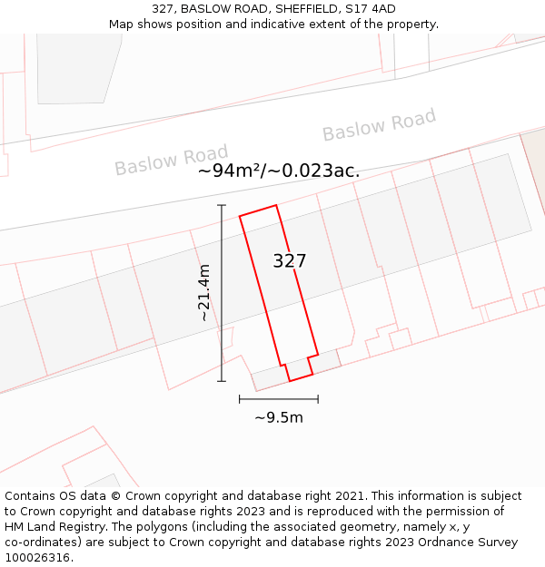 327, BASLOW ROAD, SHEFFIELD, S17 4AD: Plot and title map