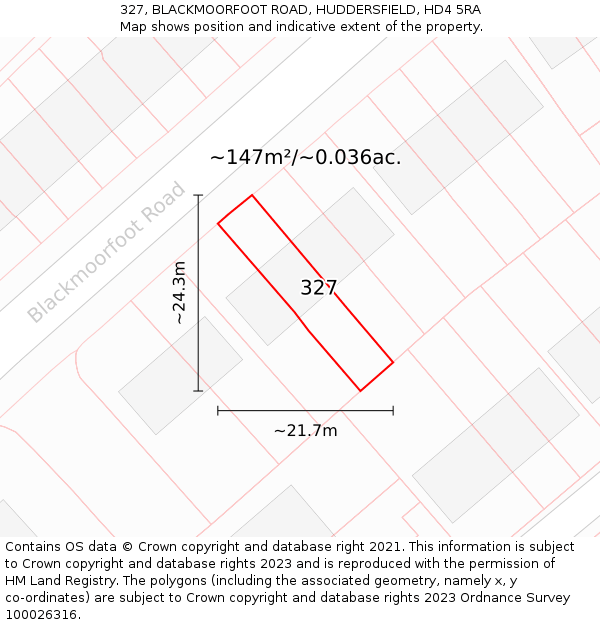 327, BLACKMOORFOOT ROAD, HUDDERSFIELD, HD4 5RA: Plot and title map