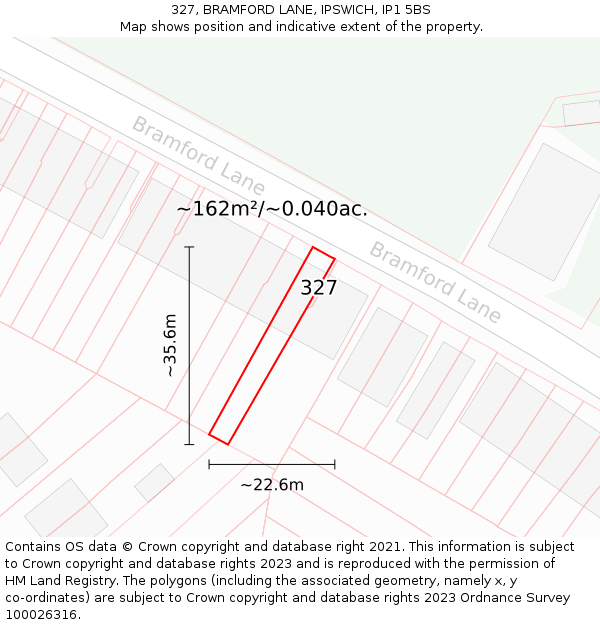 327, BRAMFORD LANE, IPSWICH, IP1 5BS: Plot and title map