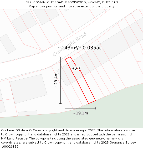 327, CONNAUGHT ROAD, BROOKWOOD, WOKING, GU24 0AD: Plot and title map