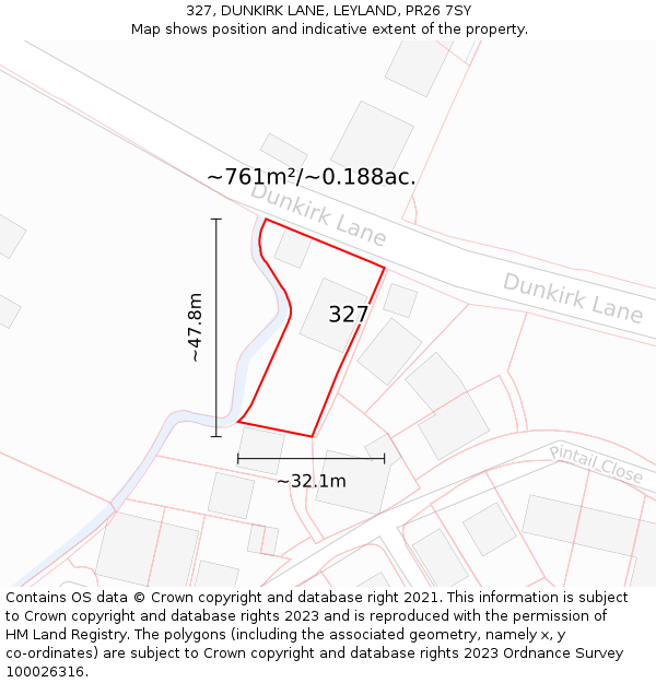 327, DUNKIRK LANE, LEYLAND, PR26 7SY: Plot and title map