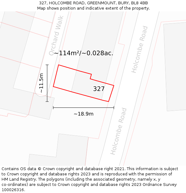 327, HOLCOMBE ROAD, GREENMOUNT, BURY, BL8 4BB: Plot and title map