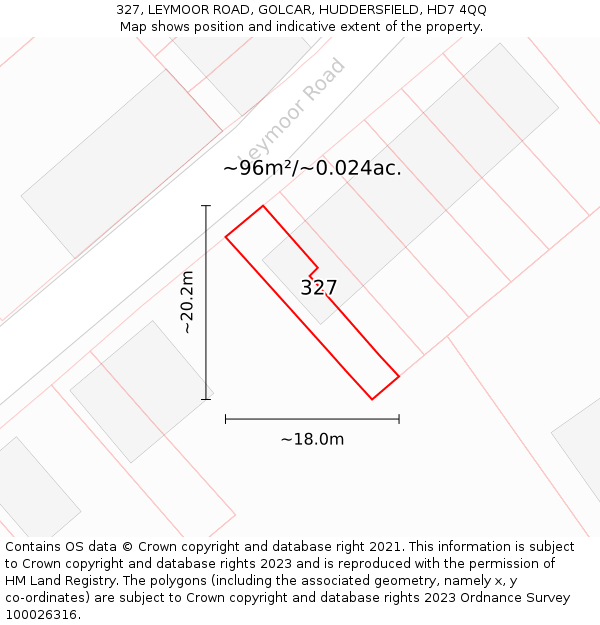 327, LEYMOOR ROAD, GOLCAR, HUDDERSFIELD, HD7 4QQ: Plot and title map