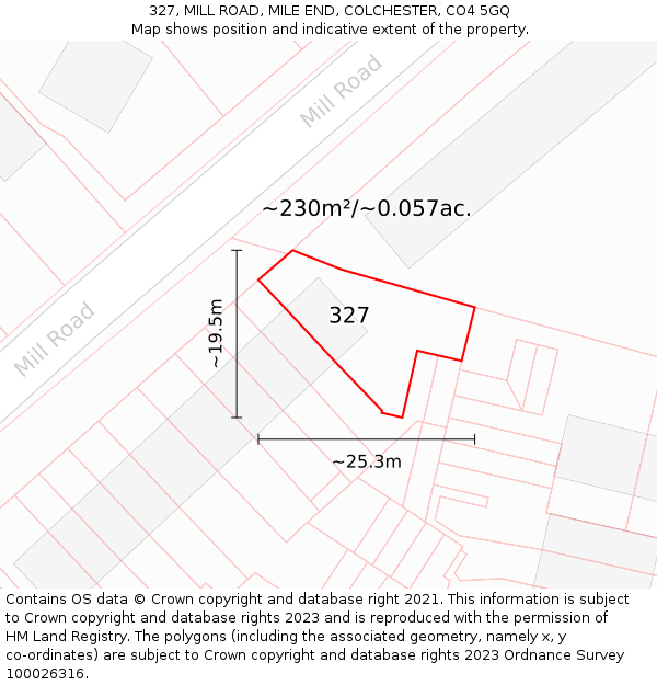 327, MILL ROAD, MILE END, COLCHESTER, CO4 5GQ: Plot and title map
