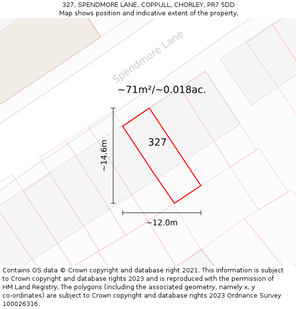 327, SPENDMORE LANE, COPPULL, CHORLEY, PR7 5DD: Plot and title map