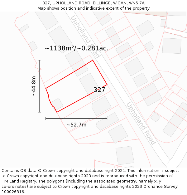 327, UPHOLLAND ROAD, BILLINGE, WIGAN, WN5 7AJ: Plot and title map