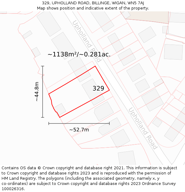 329, UPHOLLAND ROAD, BILLINGE, WIGAN, WN5 7AJ: Plot and title map