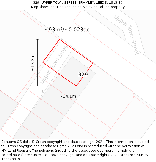 329, UPPER TOWN STREET, BRAMLEY, LEEDS, LS13 3JX: Plot and title map