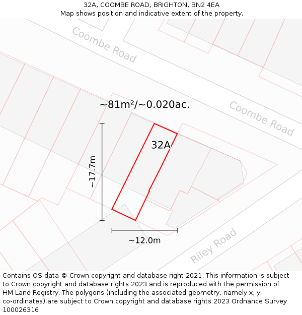 32A, COOMBE ROAD, BRIGHTON, BN2 4EA: Plot and title map