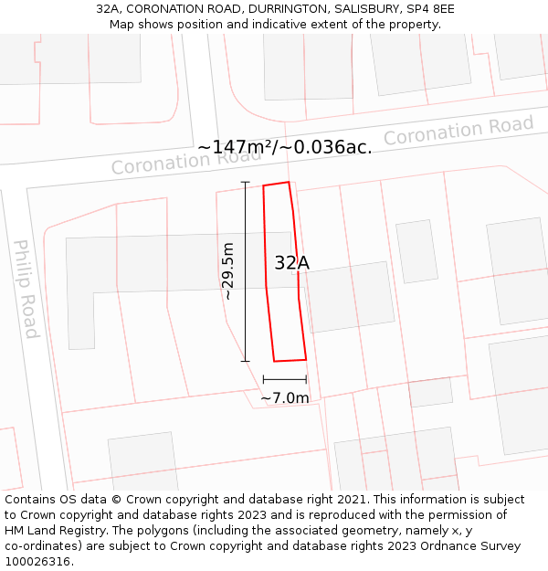 32A, CORONATION ROAD, DURRINGTON, SALISBURY, SP4 8EE: Plot and title map