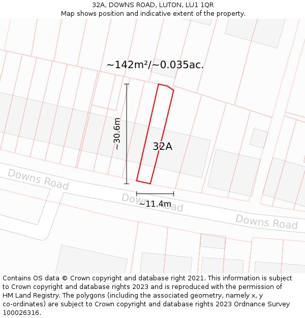 32A, DOWNS ROAD, LUTON, LU1 1QR: Plot and title map