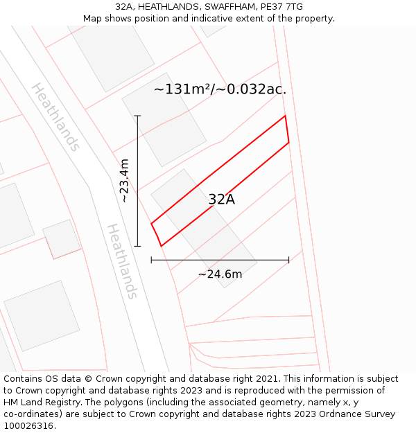 32A, HEATHLANDS, SWAFFHAM, PE37 7TG: Plot and title map