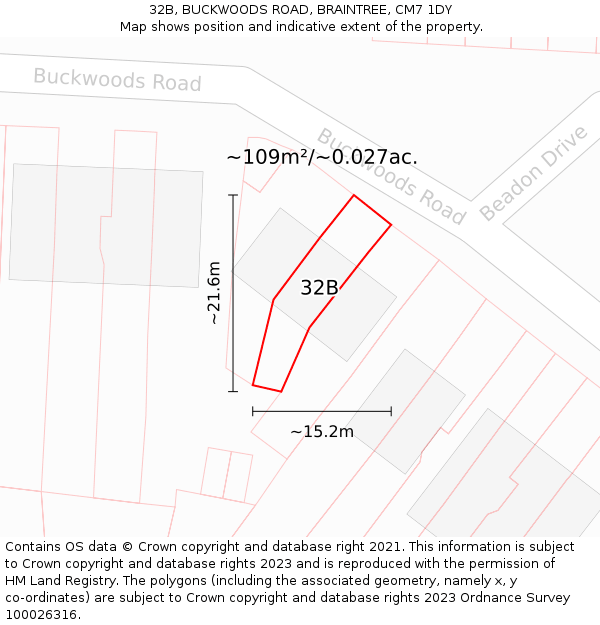 32B, BUCKWOODS ROAD, BRAINTREE, CM7 1DY: Plot and title map