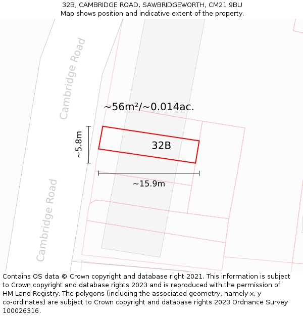 32B, CAMBRIDGE ROAD, SAWBRIDGEWORTH, CM21 9BU: Plot and title map