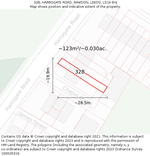 32B, HARROGATE ROAD, RAWDON, LEEDS, LS19 6HJ: Plot and title map