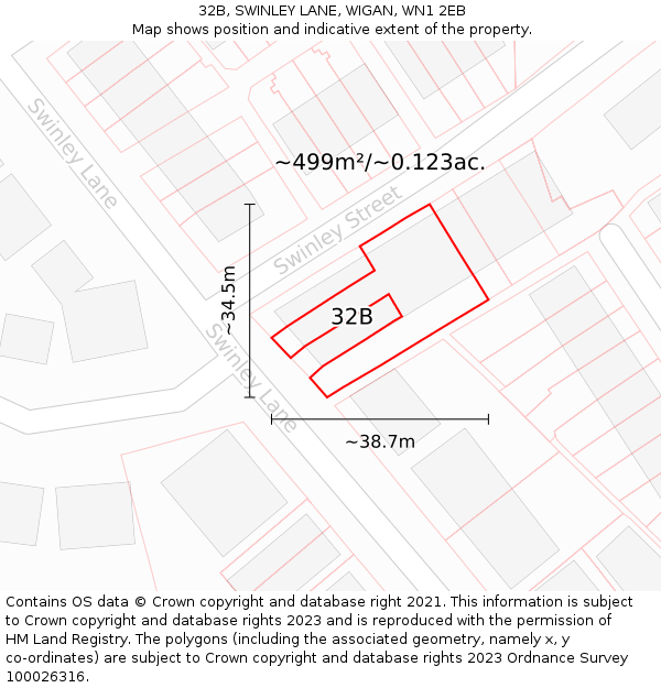 32B, SWINLEY LANE, WIGAN, WN1 2EB: Plot and title map