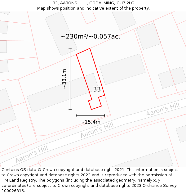 33, AARONS HILL, GODALMING, GU7 2LG: Plot and title map
