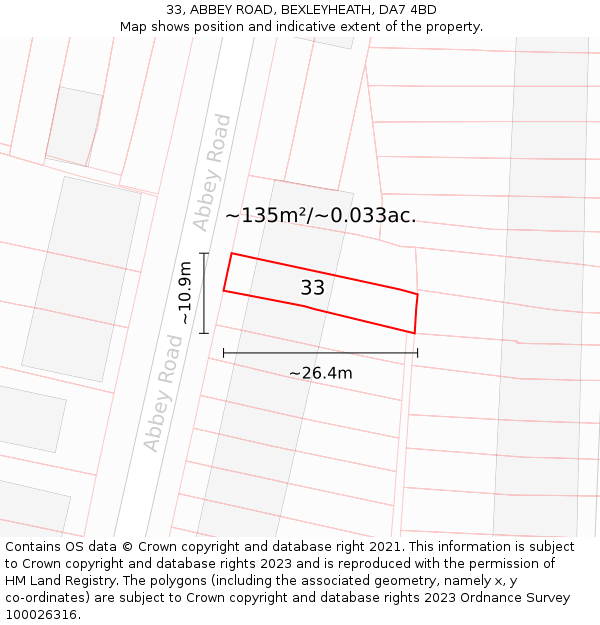 33, ABBEY ROAD, BEXLEYHEATH, DA7 4BD: Plot and title map