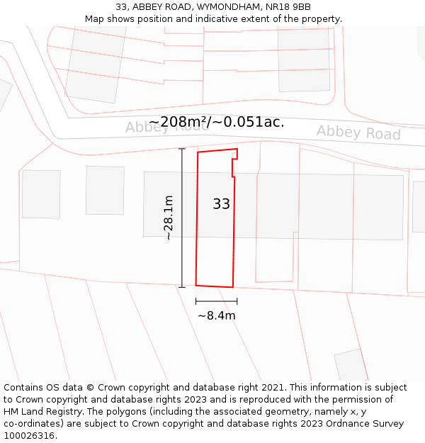 33, ABBEY ROAD, WYMONDHAM, NR18 9BB: Plot and title map