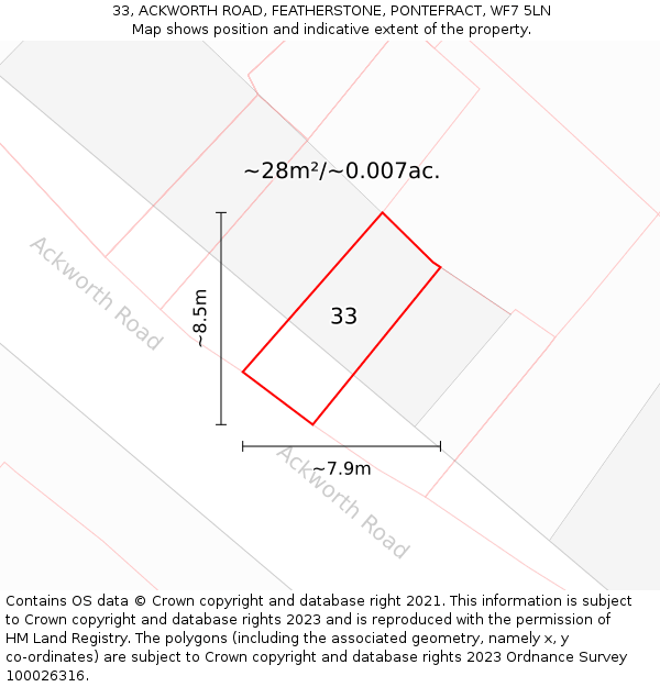 33, ACKWORTH ROAD, FEATHERSTONE, PONTEFRACT, WF7 5LN: Plot and title map