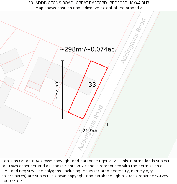 33, ADDINGTONS ROAD, GREAT BARFORD, BEDFORD, MK44 3HR: Plot and title map