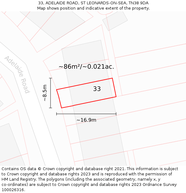 33, ADELAIDE ROAD, ST LEONARDS-ON-SEA, TN38 9DA: Plot and title map
