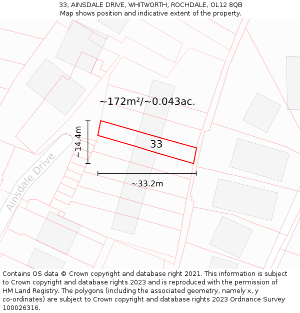33, AINSDALE DRIVE, WHITWORTH, ROCHDALE, OL12 8QB: Plot and title map