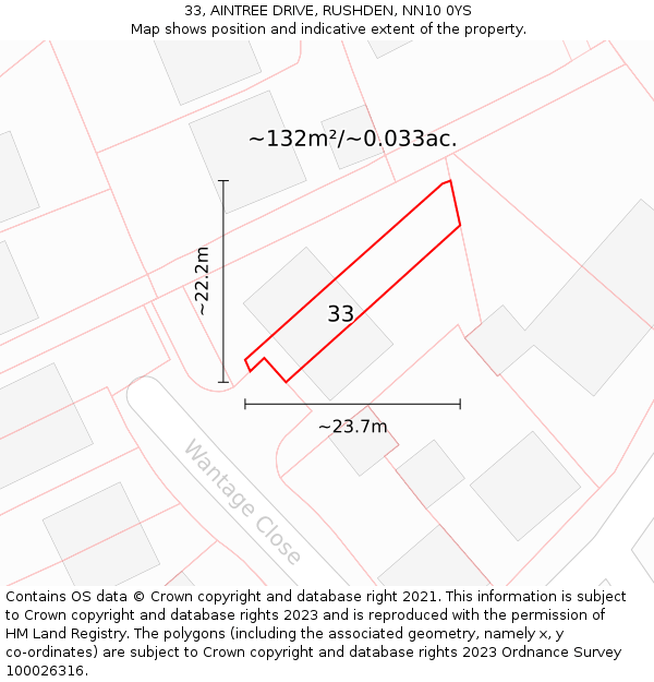 33, AINTREE DRIVE, RUSHDEN, NN10 0YS: Plot and title map
