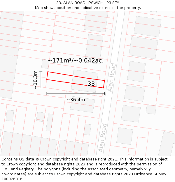 33, ALAN ROAD, IPSWICH, IP3 8EY: Plot and title map