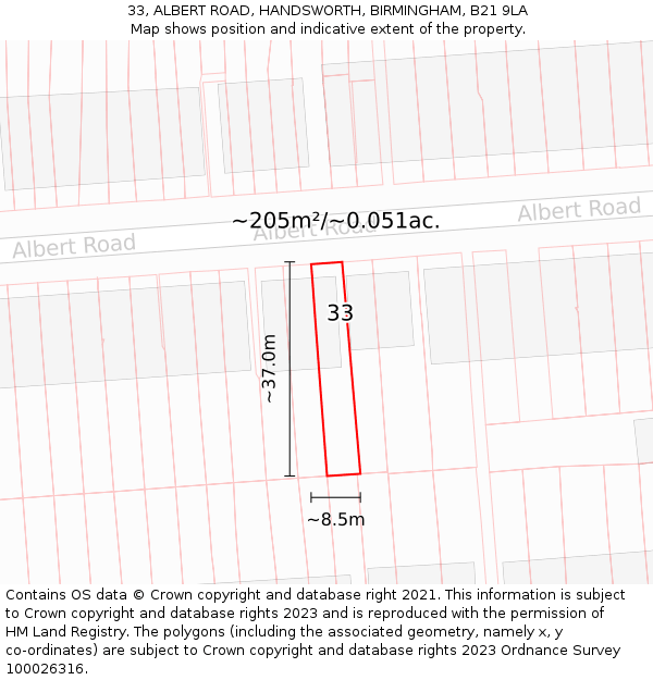 33, ALBERT ROAD, HANDSWORTH, BIRMINGHAM, B21 9LA: Plot and title map