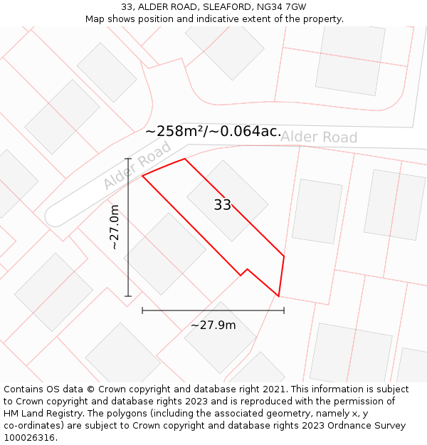 33, ALDER ROAD, SLEAFORD, NG34 7GW: Plot and title map