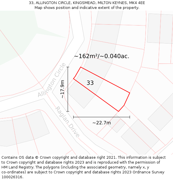 33, ALLINGTON CIRCLE, KINGSMEAD, MILTON KEYNES, MK4 4EE: Plot and title map