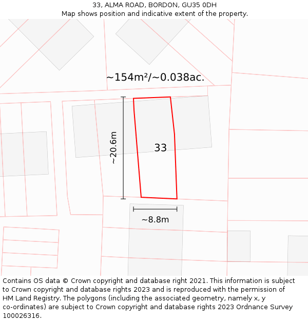 33, ALMA ROAD, BORDON, GU35 0DH: Plot and title map