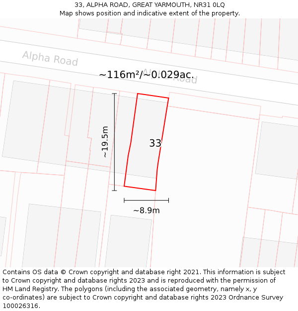33, ALPHA ROAD, GREAT YARMOUTH, NR31 0LQ: Plot and title map