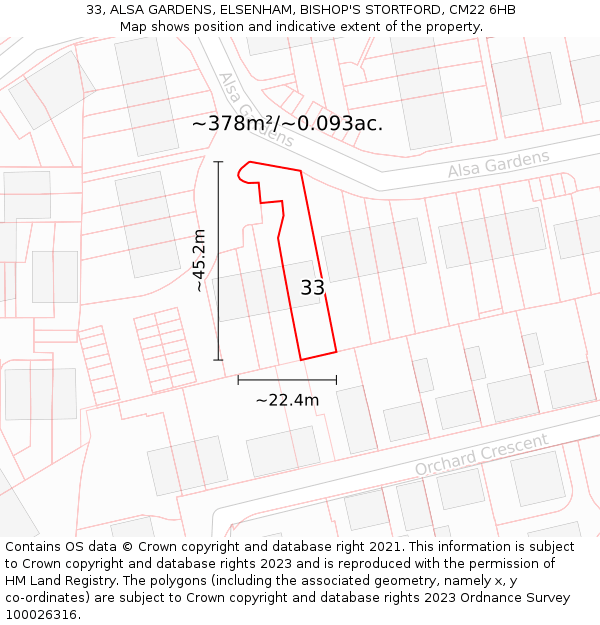 33, ALSA GARDENS, ELSENHAM, BISHOP'S STORTFORD, CM22 6HB: Plot and title map
