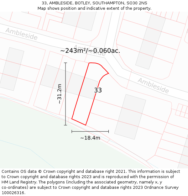 33, AMBLESIDE, BOTLEY, SOUTHAMPTON, SO30 2NS: Plot and title map