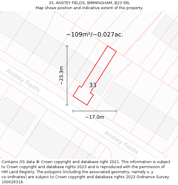 33, ANSTEY FIELDS, BIRMINGHAM, B23 5RL: Plot and title map