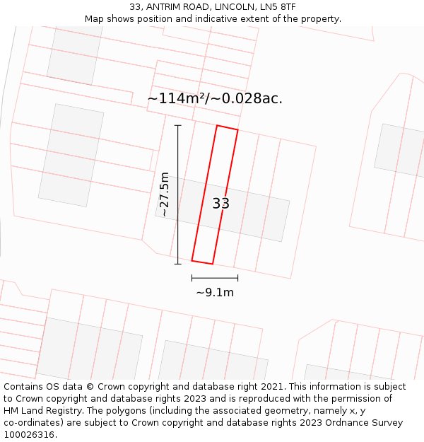 33, ANTRIM ROAD, LINCOLN, LN5 8TF: Plot and title map