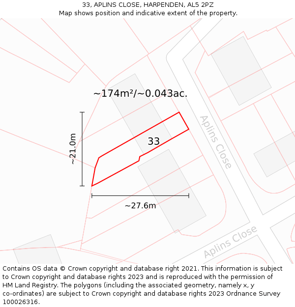 33, APLINS CLOSE, HARPENDEN, AL5 2PZ: Plot and title map