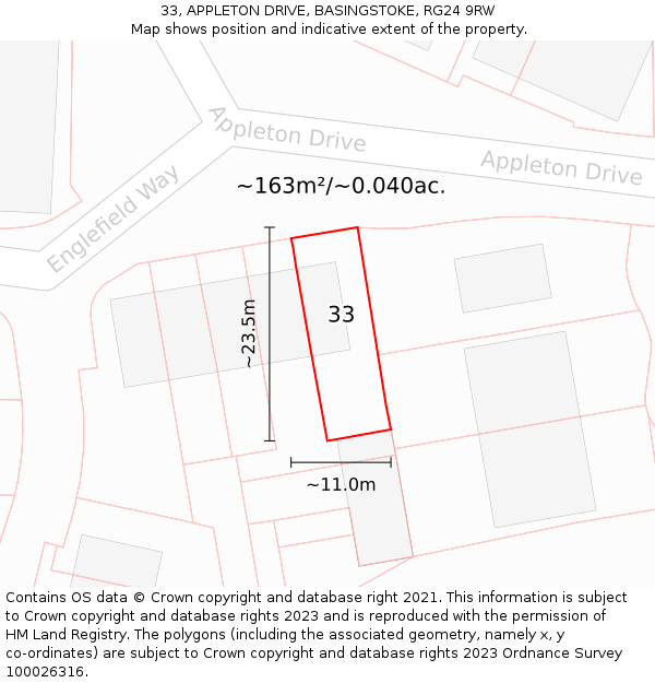 33, APPLETON DRIVE, BASINGSTOKE, RG24 9RW: Plot and title map
