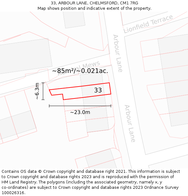 33, ARBOUR LANE, CHELMSFORD, CM1 7RG: Plot and title map