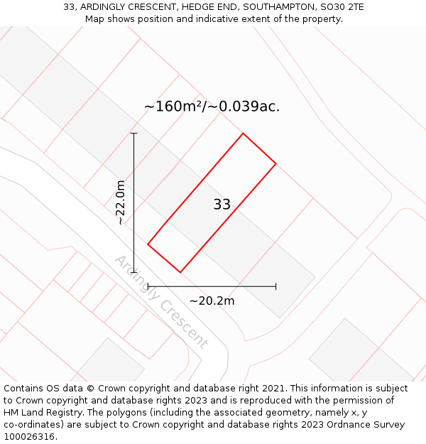 33, ARDINGLY CRESCENT, HEDGE END, SOUTHAMPTON, SO30 2TE: Plot and title map