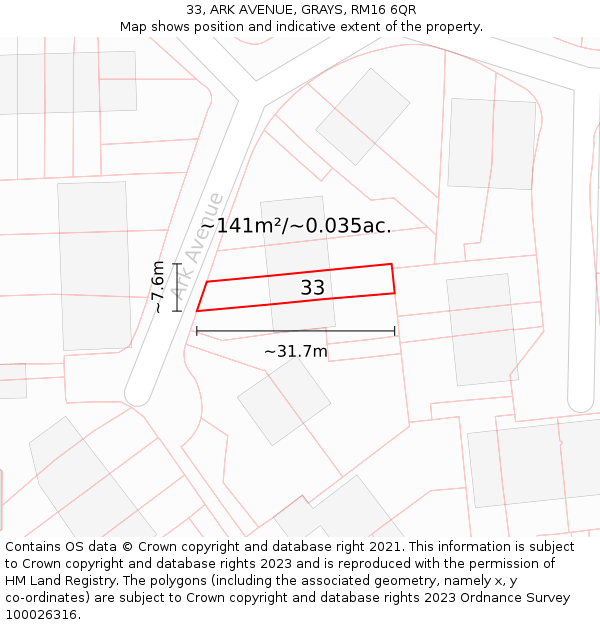 33, ARK AVENUE, GRAYS, RM16 6QR: Plot and title map