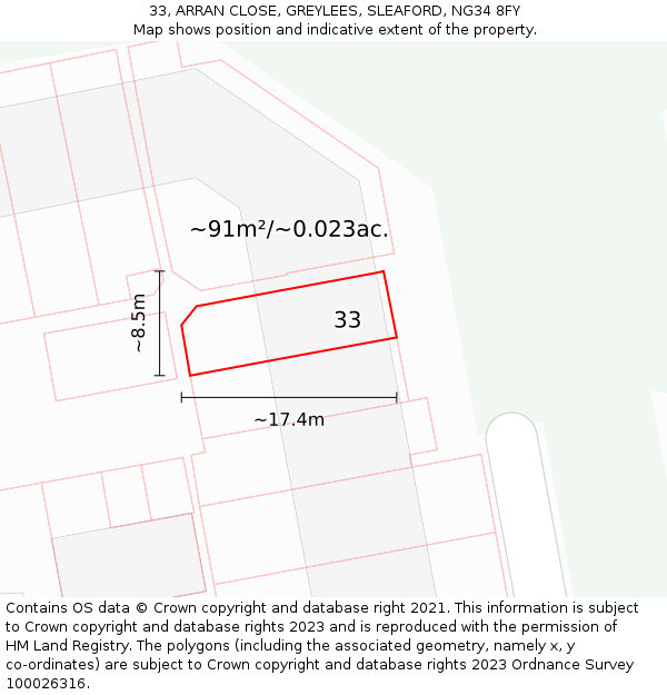 33, ARRAN CLOSE, GREYLEES, SLEAFORD, NG34 8FY: Plot and title map