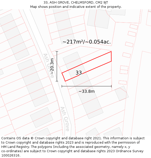 33, ASH GROVE, CHELMSFORD, CM2 9JT: Plot and title map