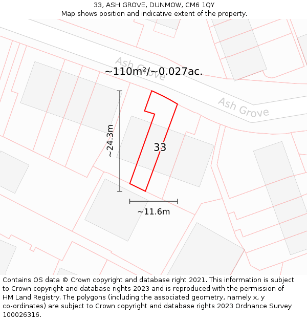 33, ASH GROVE, DUNMOW, CM6 1QY: Plot and title map